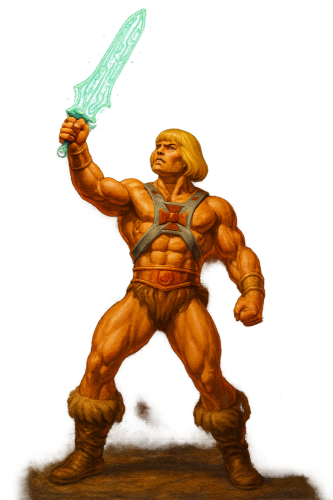 The Builder, raising a sword made of code