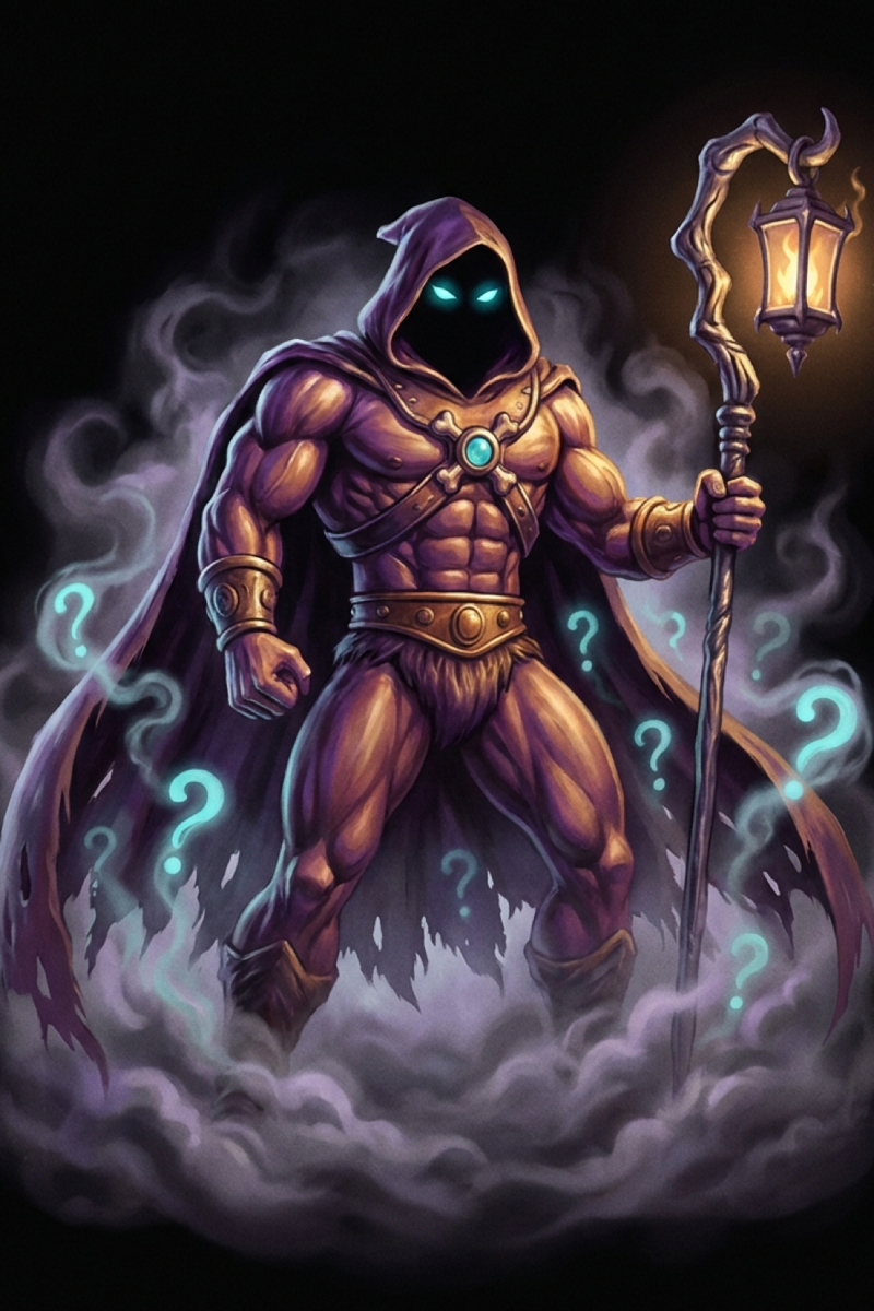 Guess-Or, a hooded sorcerer in fog surrounded by question marks